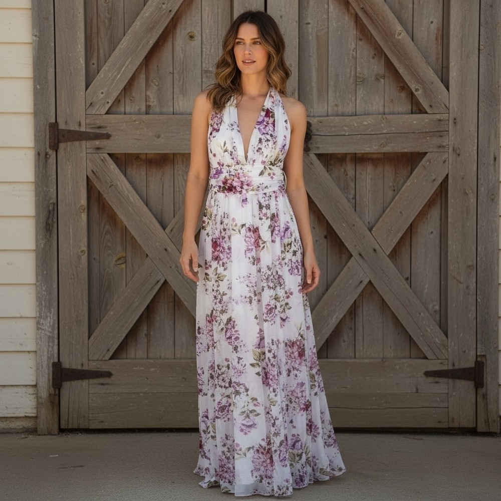 Forever 21 White Floral Maxi Dress With Lavender And Fuchsia Flowers